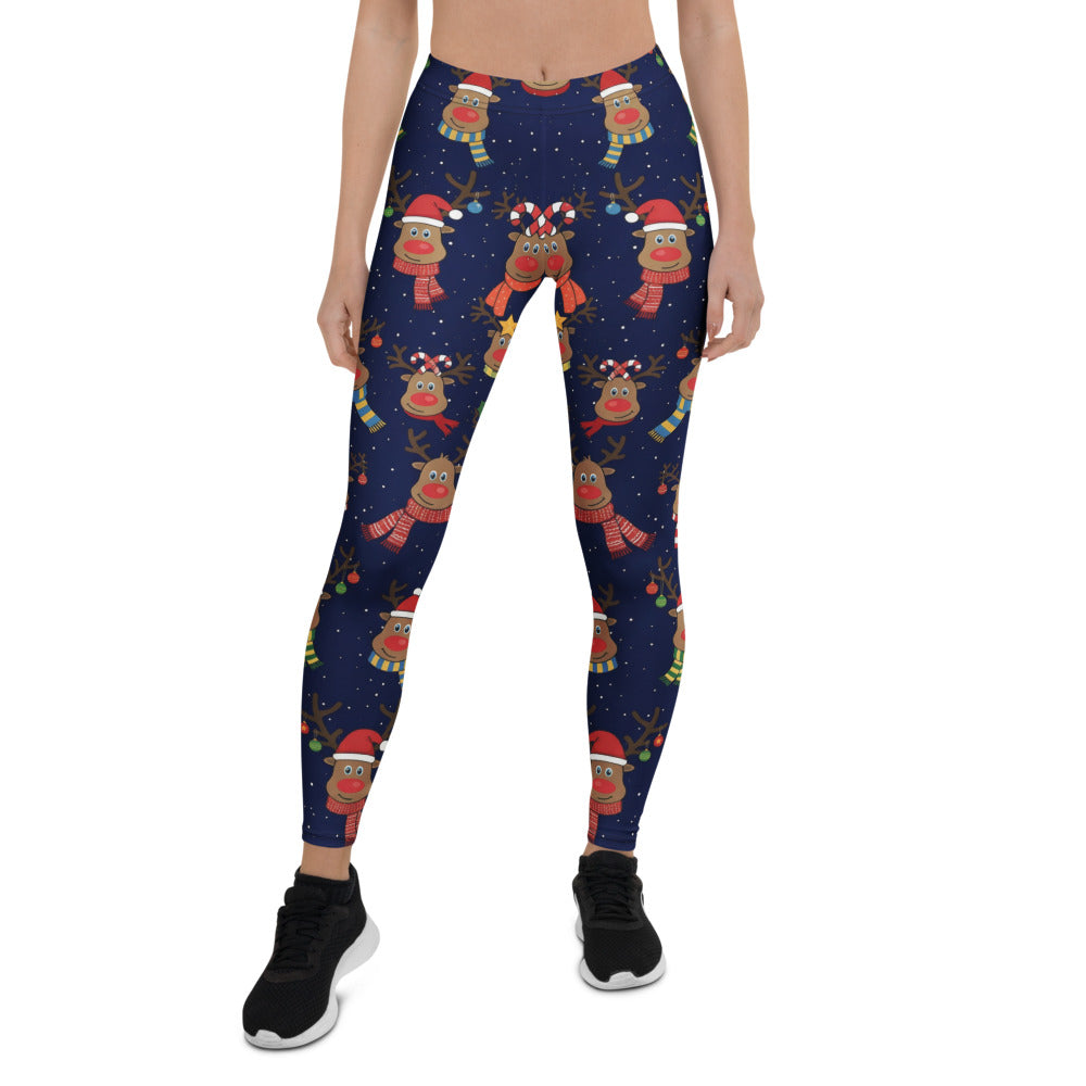 Personalisierte Damen Weihnachtsleggings Rentier Motiv Dunkelblau Sport Fitness Yoga Leggings O980