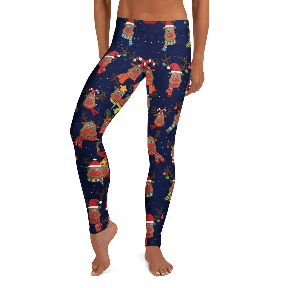 Personalisierte Damen Weihnachtsleggings Rentier Motiv Dunkelblau Sport Fitness Yoga Leggings O980
