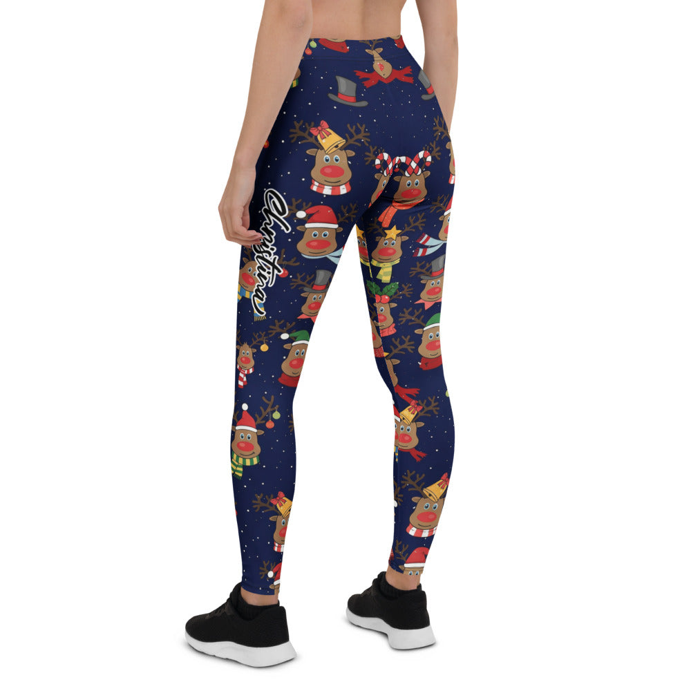 Personalisierte Damen Weihnachtsleggings Rentier Motiv Dunkelblau Sport Fitness Yoga Leggings O980
