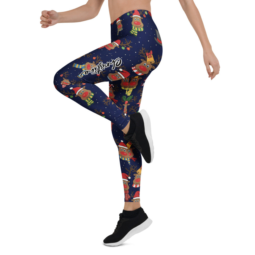 Personalisierte Damen Weihnachtsleggings Rentier Motiv Dunkelblau Sport Fitness Yoga Leggings O980