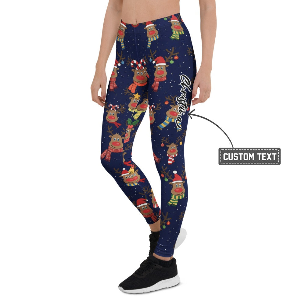 Personalisierte Damen Weihnachtsleggings Rentier Motiv Dunkelblau Sport Fitness Yoga Leggings O980 - XL