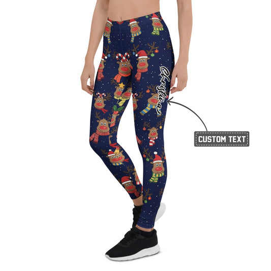 Personalisierte Damen Weihnachtsleggings Rentier Motiv Dunkelblau Sport Fitness Yoga Leggings O980 - XL