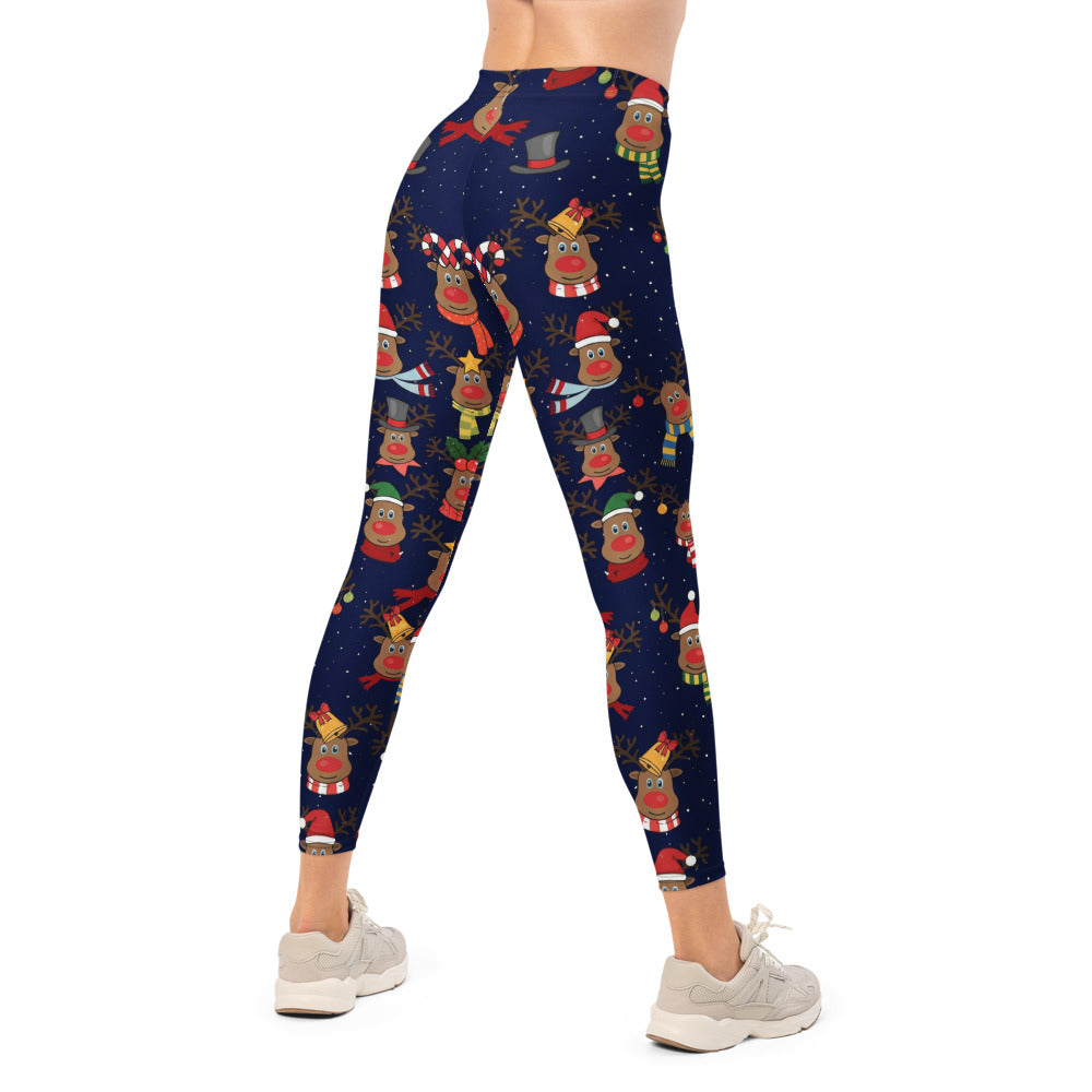 Personalisierte Damen Weihnachtsleggings Rentier Motiv Dunkelblau Sport Fitness Yoga Leggings O980