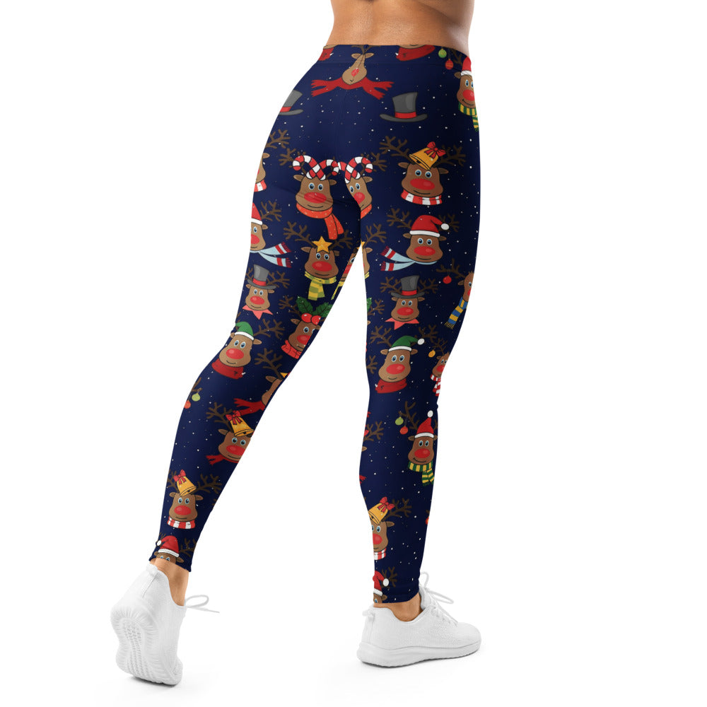 Personalisierte Damen Weihnachtsleggings Rentier Motiv Dunkelblau Sport Fitness Yoga Leggings O980
