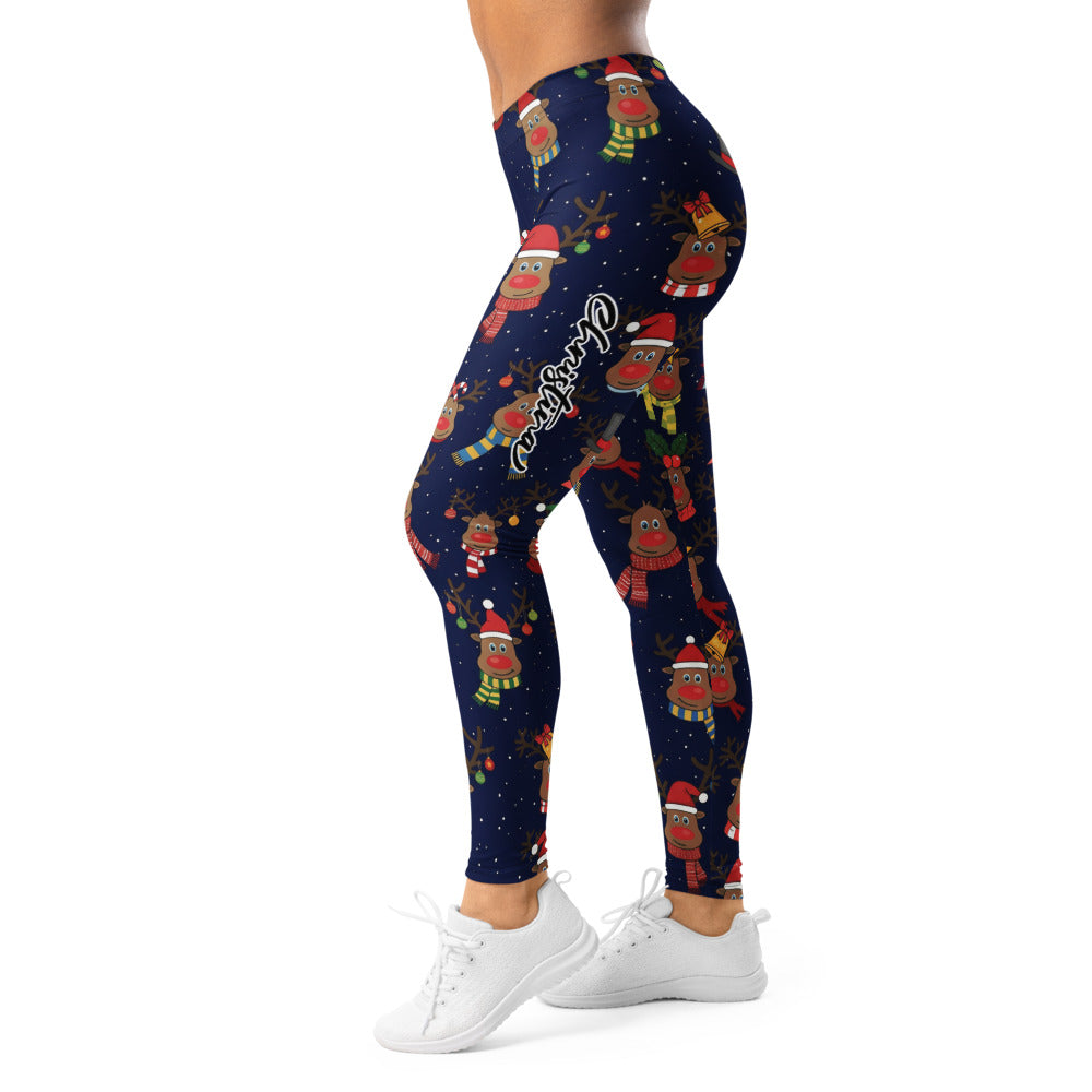 Personalisierte Damen Weihnachtsleggings Rentier Motiv Dunkelblau Sport Fitness Yoga Leggings O980