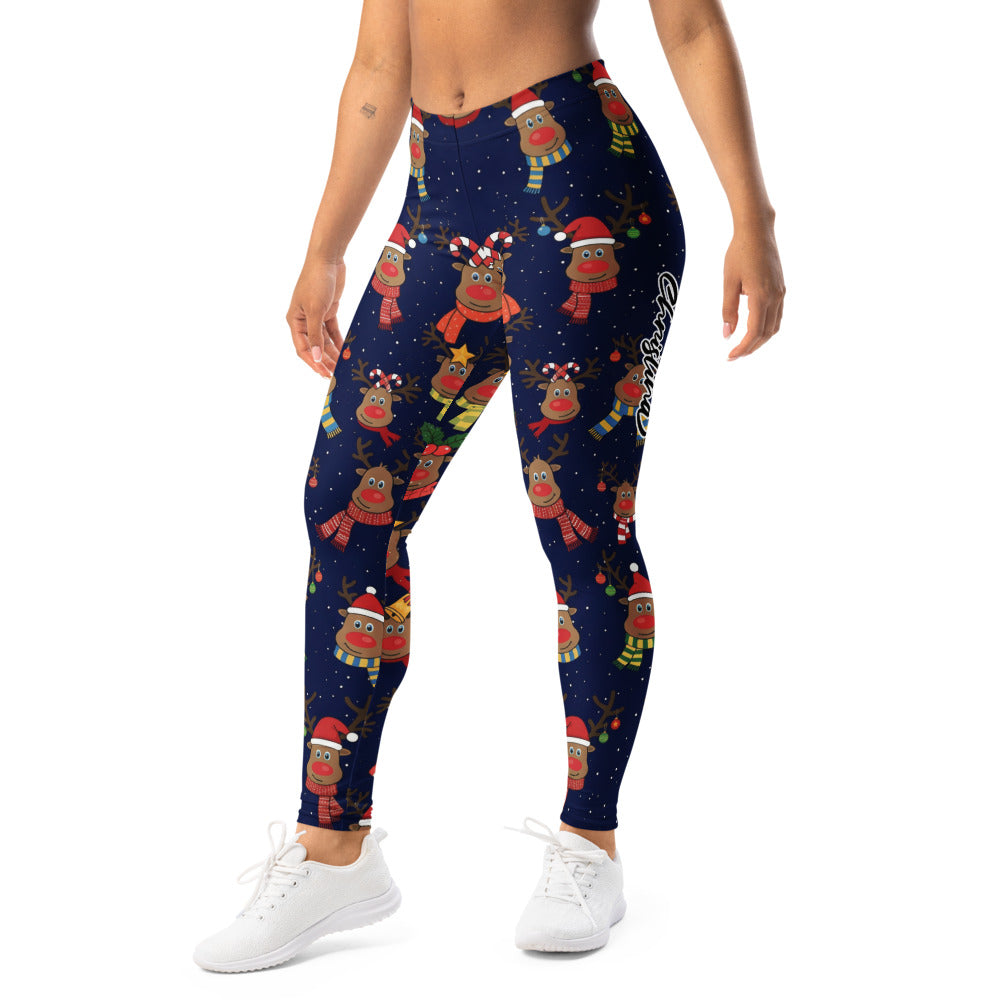 Personalisierte Damen Weihnachtsleggings Rentier Motiv Dunkelblau Sport Fitness Yoga Leggings O980