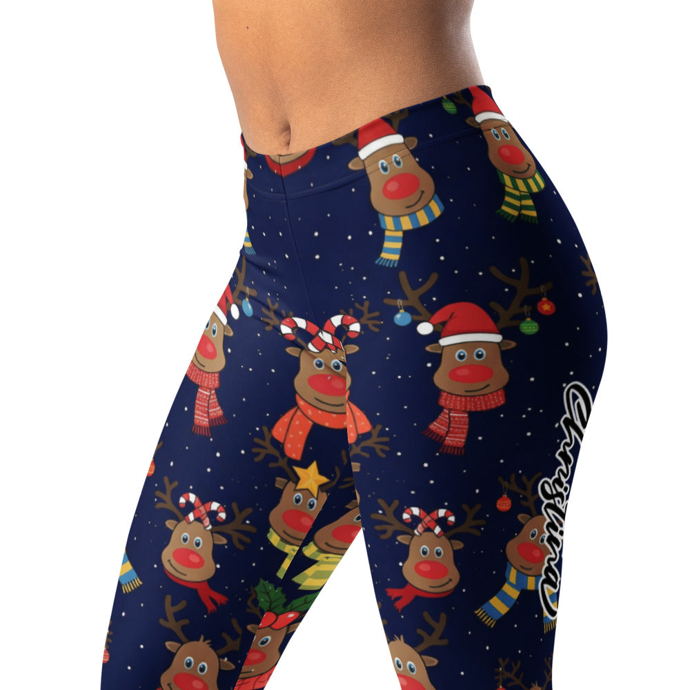 Personalisierte Damen Weihnachtsleggings Rentier Motiv Dunkelblau Sport Fitness Yoga Leggings O980