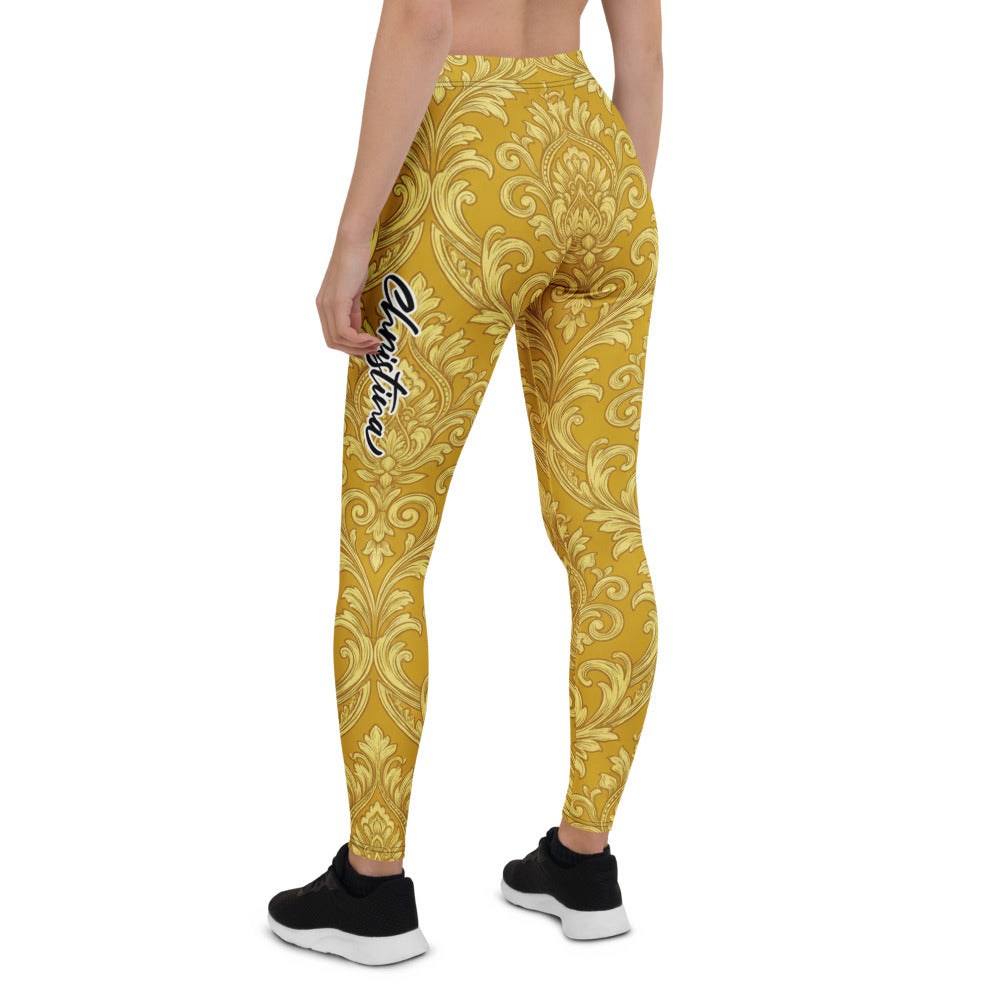 Personalisierte Damen Sportleggings Barock Ornament Muster Gold Gelb Fitness Leggings Yoga Hose B466