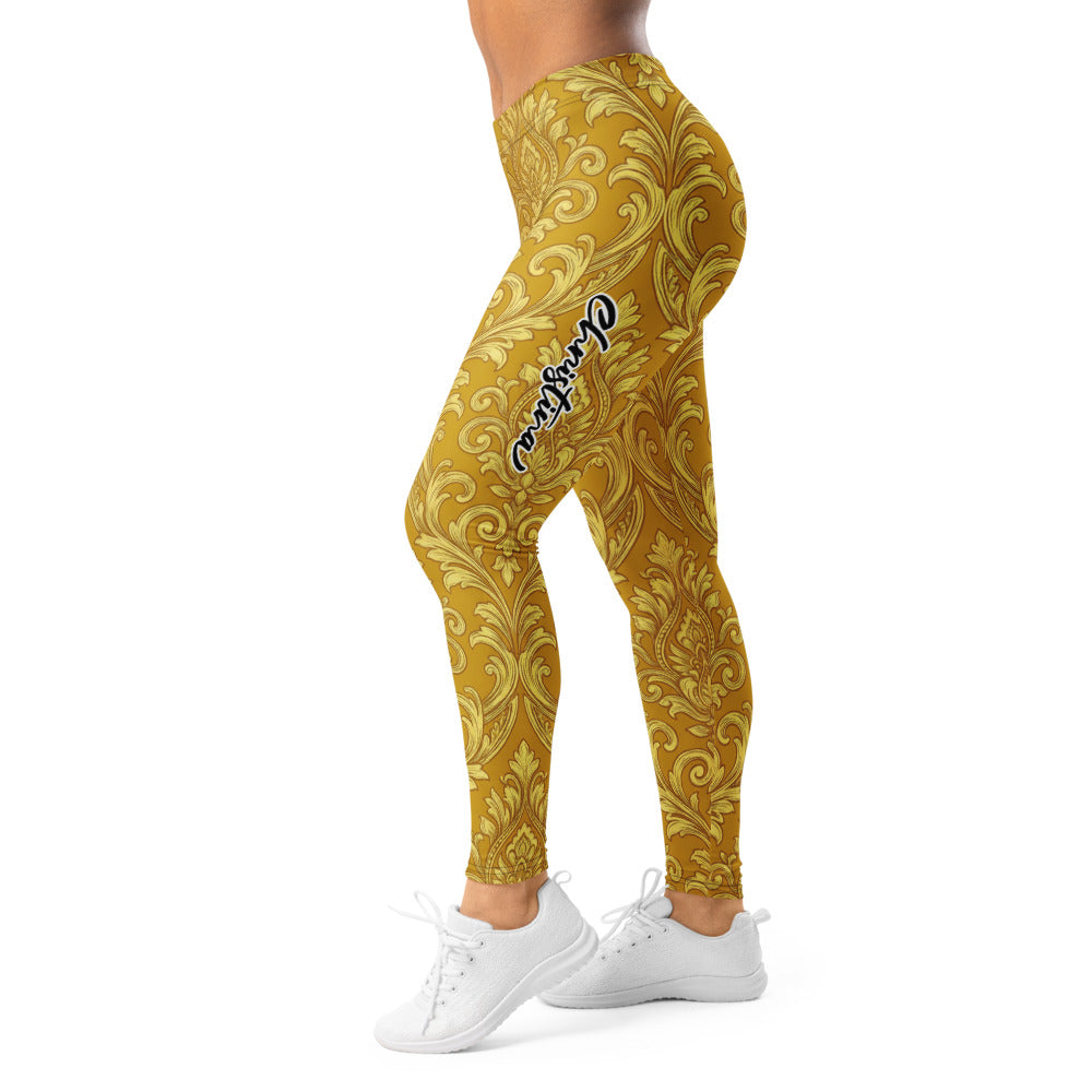 Personalisierte Damen Sportleggings Barock Ornament Muster Gold Gelb Fitness Leggings Yoga Hose B466