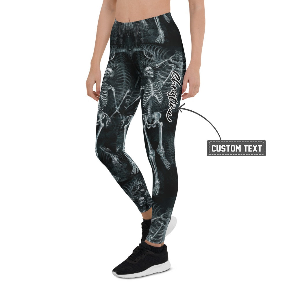 Personalisierte Damen Sportleggings Skelett Design Schwarz Weiß Fitness Yoga Leggings W731 - XL