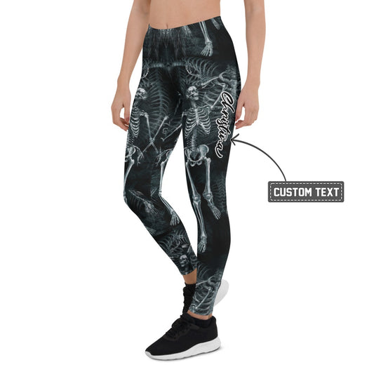 Personalisierte Damen Sportleggings Skelett Design Schwarz Weiß Fitness Yoga Leggings W731 - XL