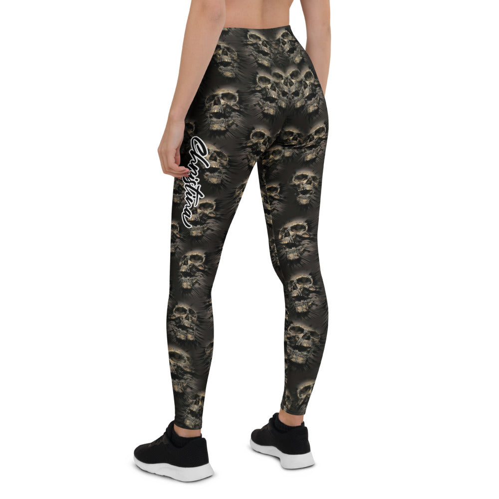 Personalisierte Damen Sportleggings Totenkopf Design Schwarz Grau Fitness Leggings Yoga Hose U431