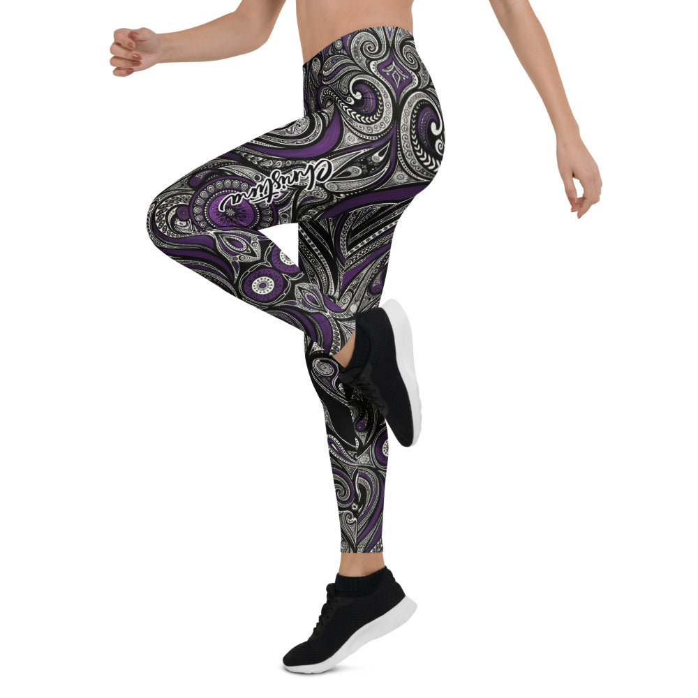 Personalisierte Damen Sportleggings Paisley Muster Lila Schwarz Fitness Yoga Leggings M227
