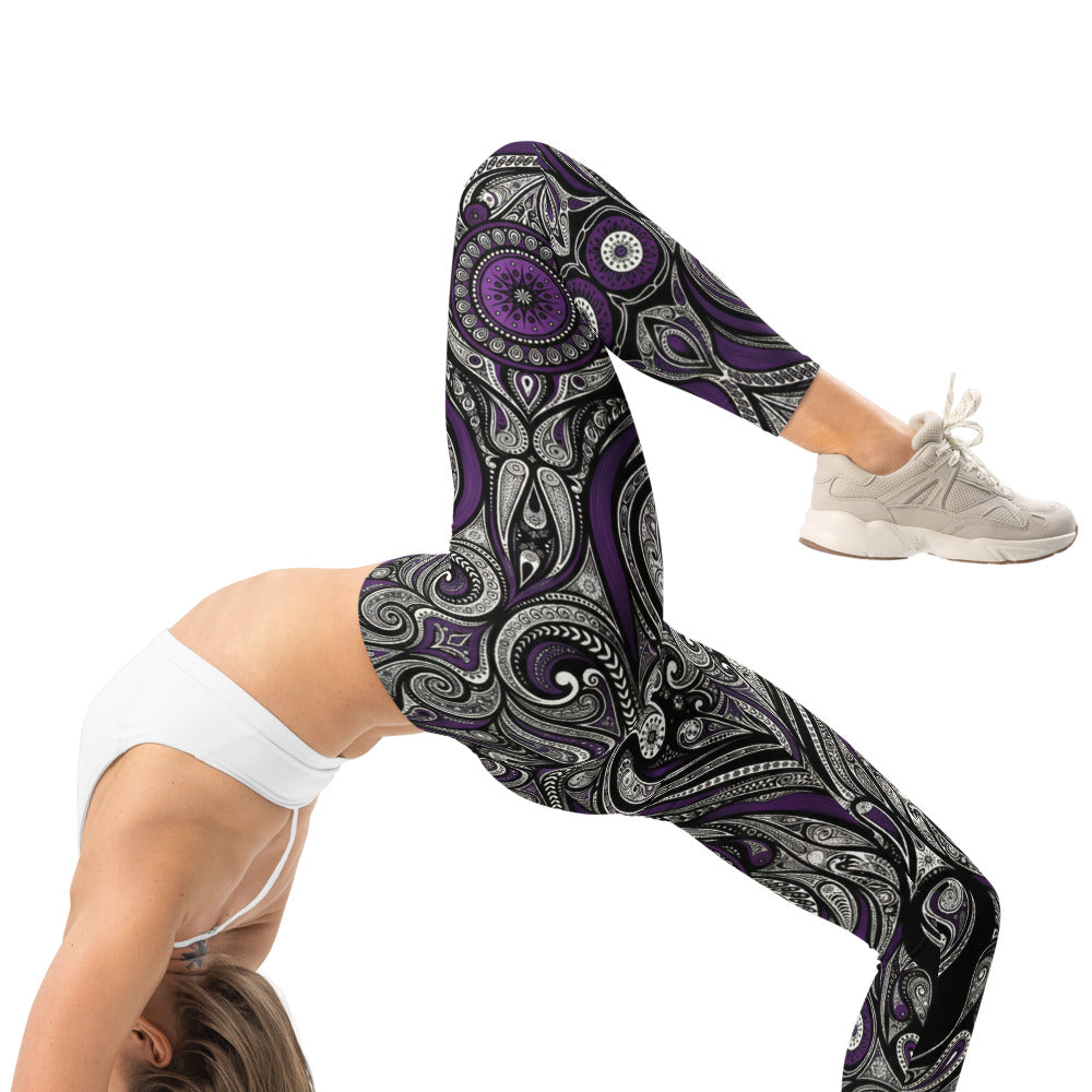 Personalisierte Damen Sportleggings Paisley Muster Lila Schwarz Fitness Yoga Leggings M227