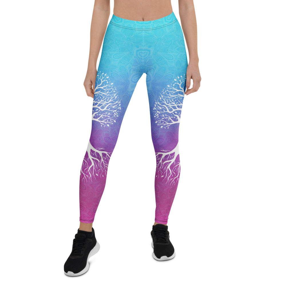 Personalisierte Damen Sportleggings Lebensbaum Mandala Design Blau Lila Fitness Yoga Leggings P420