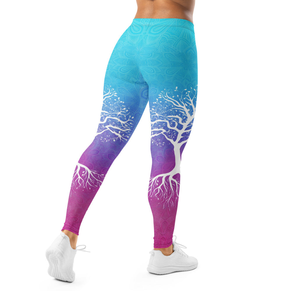 Personalisierte Damen Sportleggings Lebensbaum Mandala Design Blau Lila Fitness Yoga Leggings P420