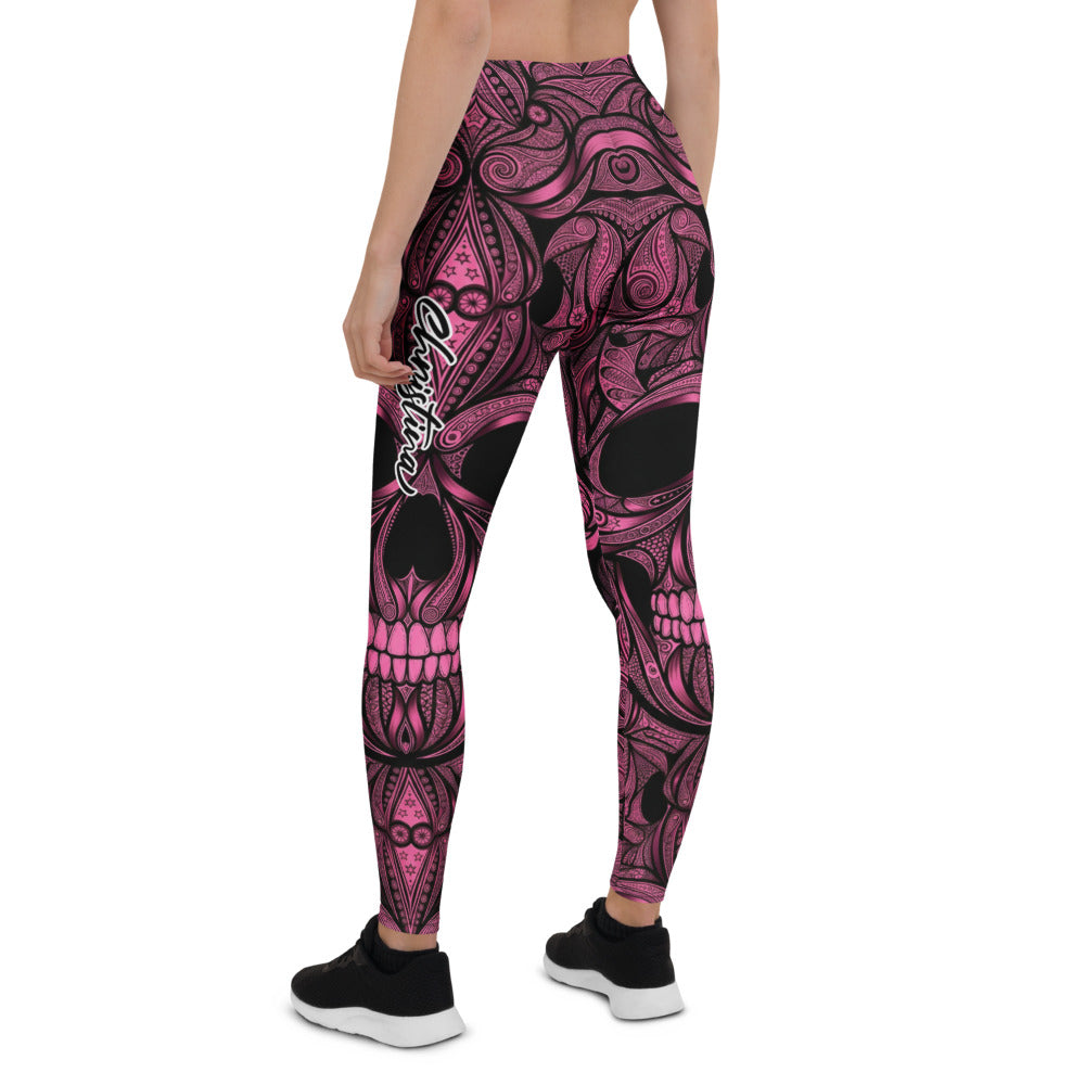 Personalisierte Sportleggings Damen Totenkopf Design Pink Schwarz Fitness Yoga Leggings Z202