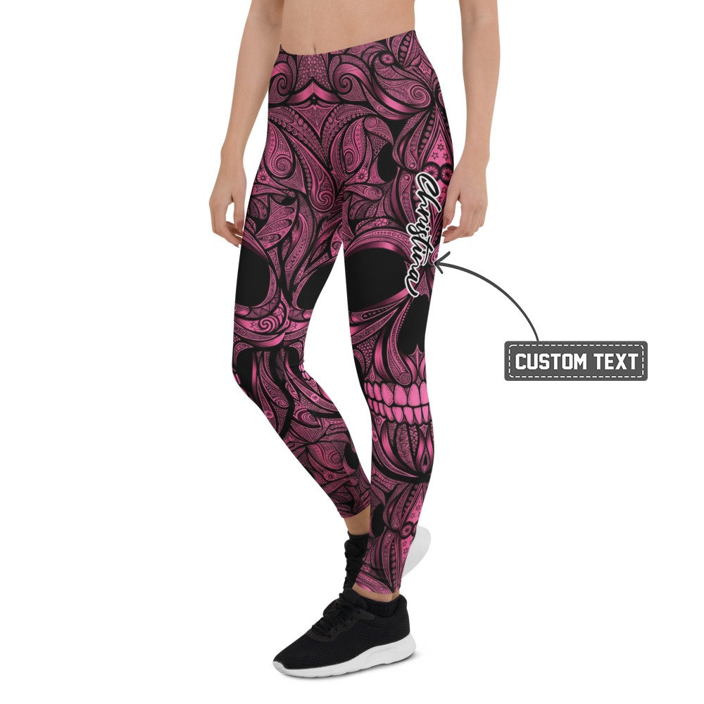 Personalisierte Sportleggings Damen Totenkopf Design Pink Schwarz Fitness Yoga Leggings Z202 - XL