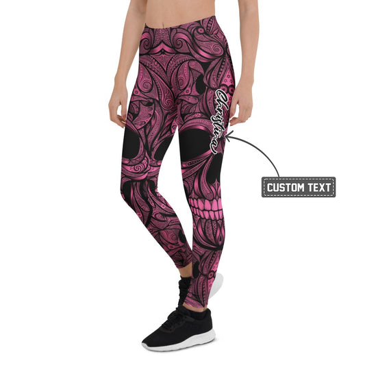 Personalisierte Sportleggings Damen Totenkopf Design Pink Schwarz Fitness Yoga Leggings Z202 - XL