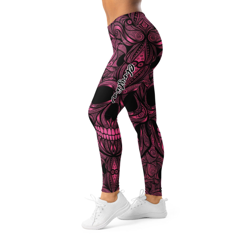 Personalisierte Sportleggings Damen Totenkopf Design Pink Schwarz Fitness Yoga Leggings Z202