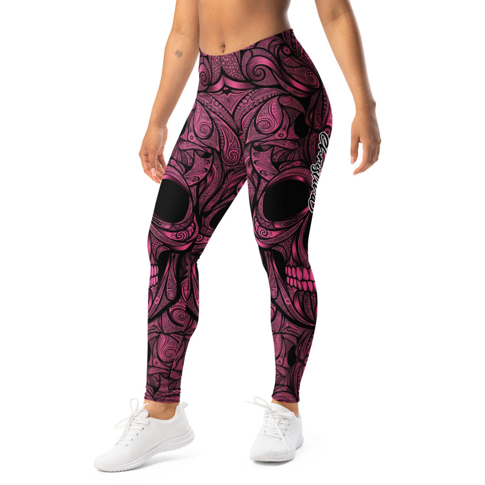 Personalisierte Sportleggings Damen Totenkopf Design Pink Schwarz Fitness Yoga Leggings Z202