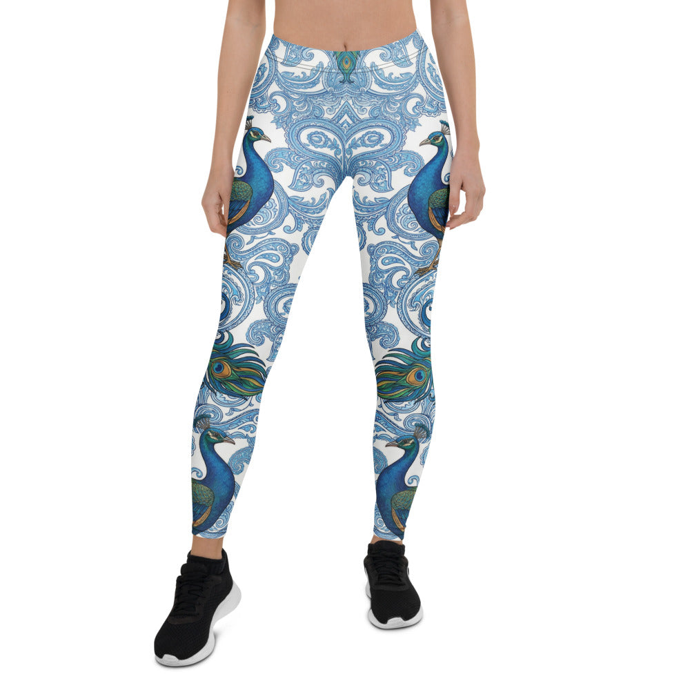 Personalisierte Sportleggings Damen Pfau Design Paisley Muster Blau Weiß Fitness Yoga Leggings K548