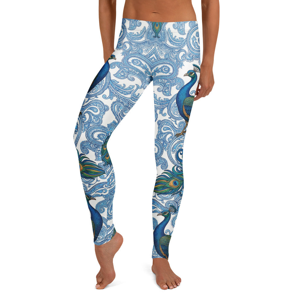 Personalisierte Sportleggings Damen Pfau Design Paisley Muster Blau Weiß Fitness Yoga Leggings K548