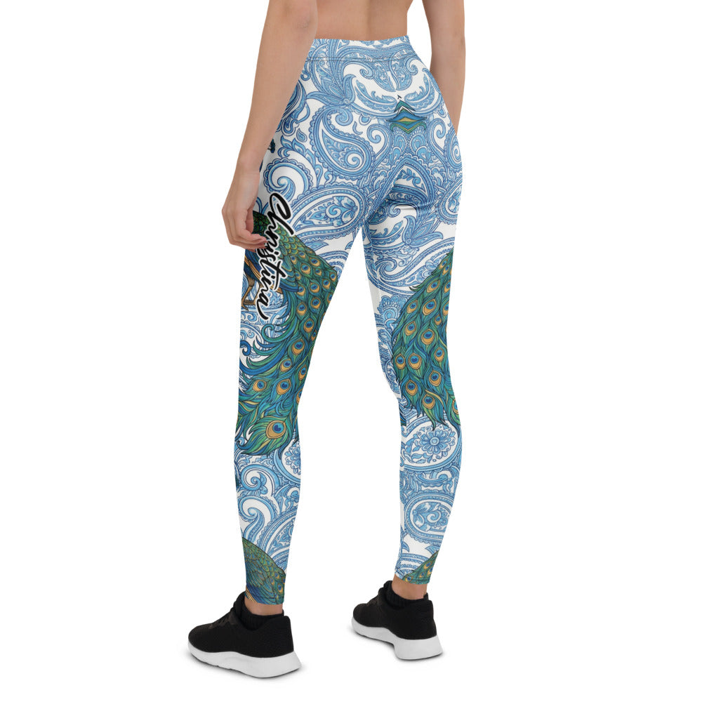Personalisierte Sportleggings Damen Pfau Design Paisley Muster Blau Weiß Fitness Yoga Leggings K548