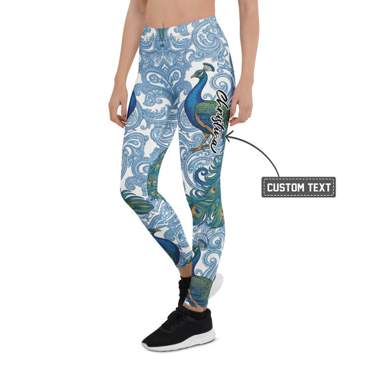 Personalisierte Sportleggings Damen Pfau Design Paisley Muster Blau Weiß Fitness Yoga Leggings K548 - XL