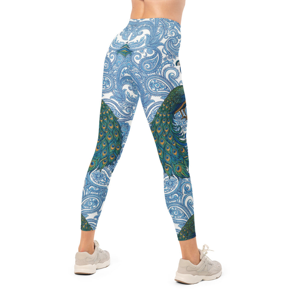 Personalisierte Sportleggings Damen Pfau Design Paisley Muster Blau Weiß Fitness Yoga Leggings K548