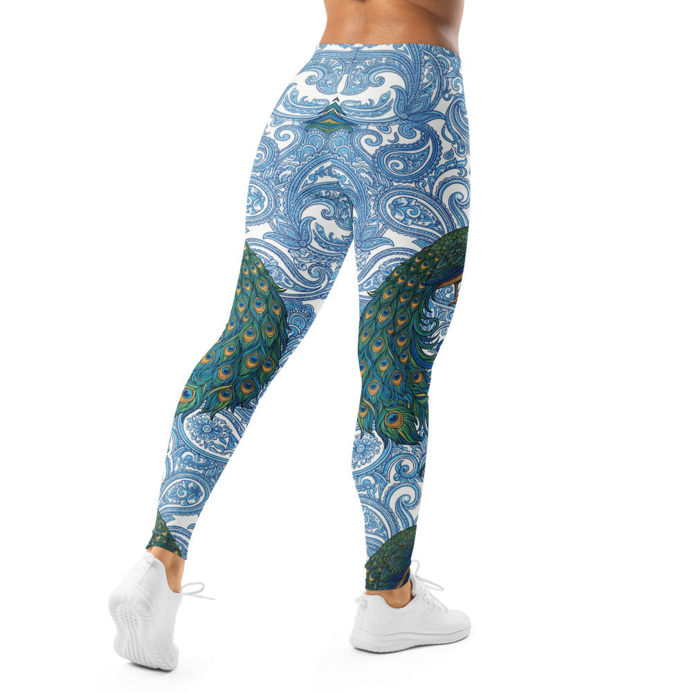 Personalisierte Sportleggings Damen Pfau Design Paisley Muster Blau Weiß Fitness Yoga Leggings K548