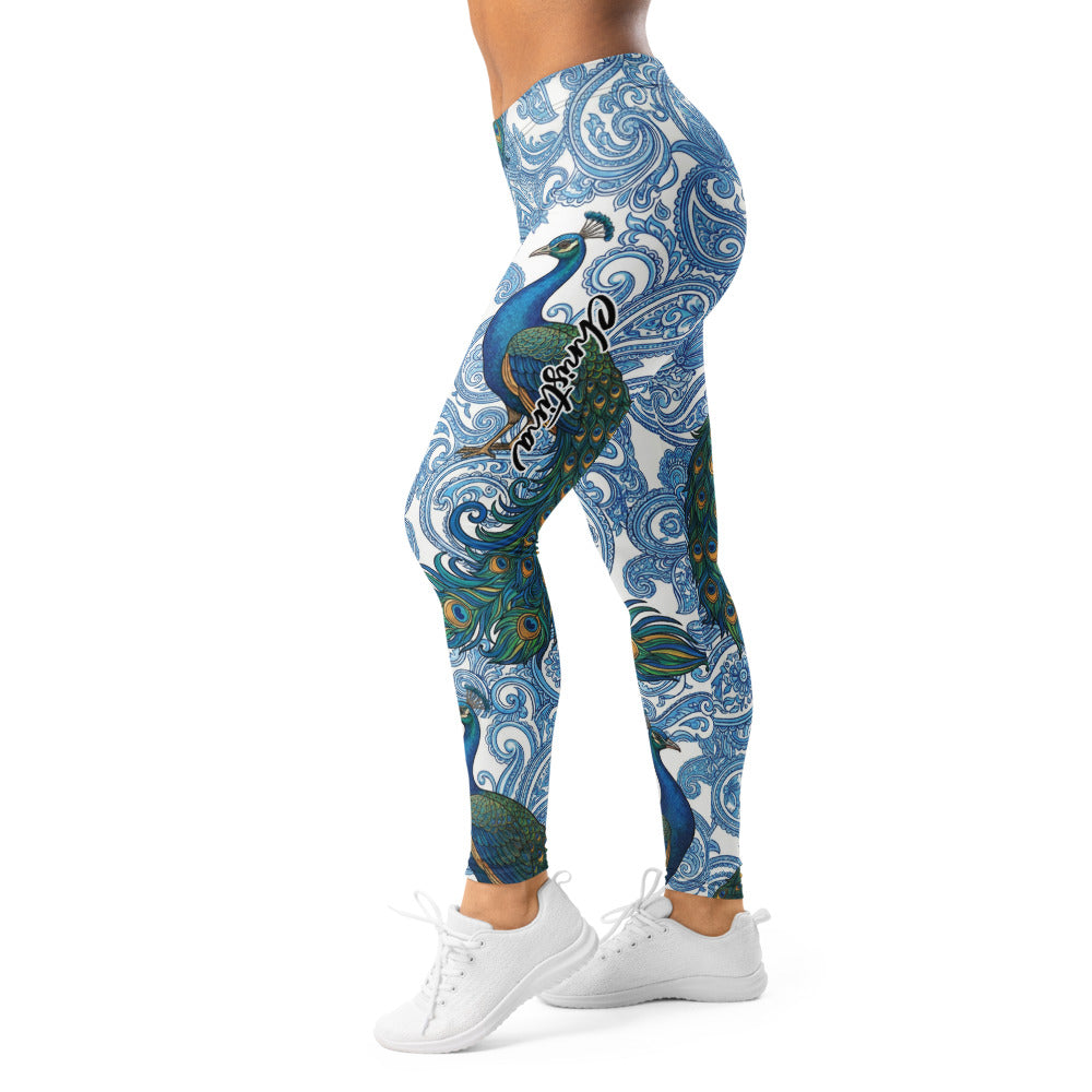 Personalisierte Sportleggings Damen Pfau Design Paisley Muster Blau Weiß Fitness Yoga Leggings K548