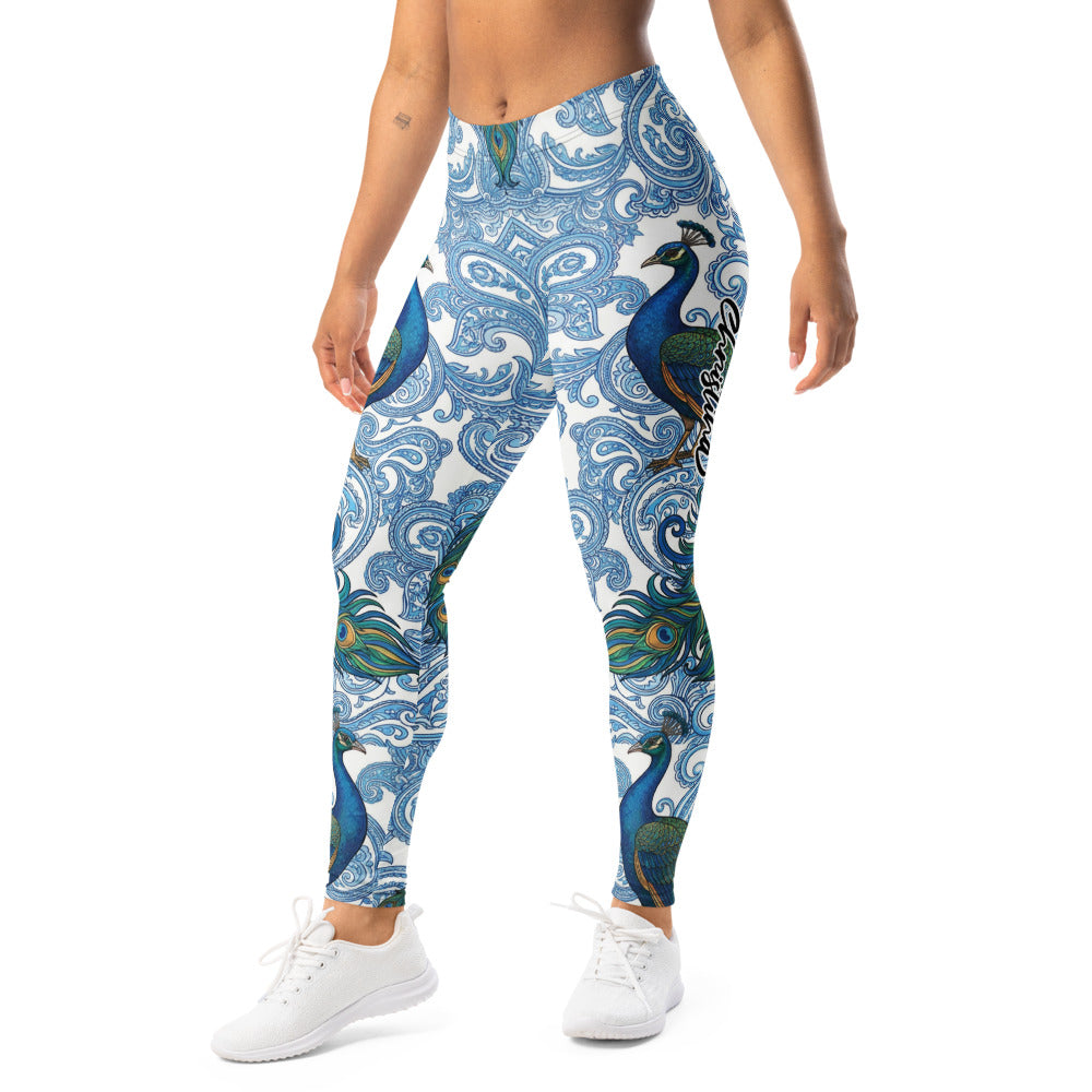 Personalisierte Sportleggings Damen Pfau Design Paisley Muster Blau Weiß Fitness Yoga Leggings K548