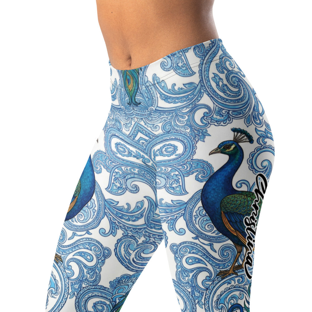 Personalisierte Sportleggings Damen Pfau Design Paisley Muster Blau Weiß Fitness Yoga Leggings K548