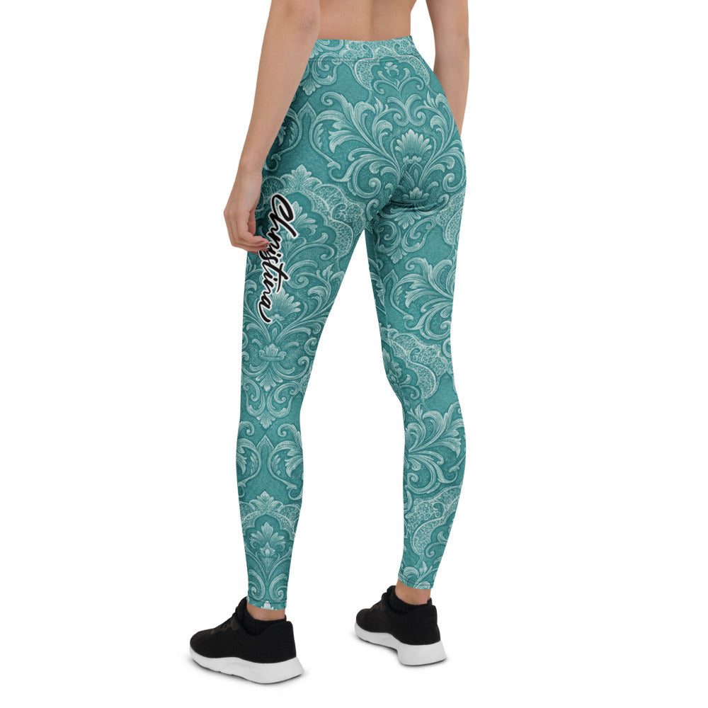 Personalisierte Damen Sportleggings Türkis Petrol Ornament Muster Barock Design Fitness Yoga Tights K788