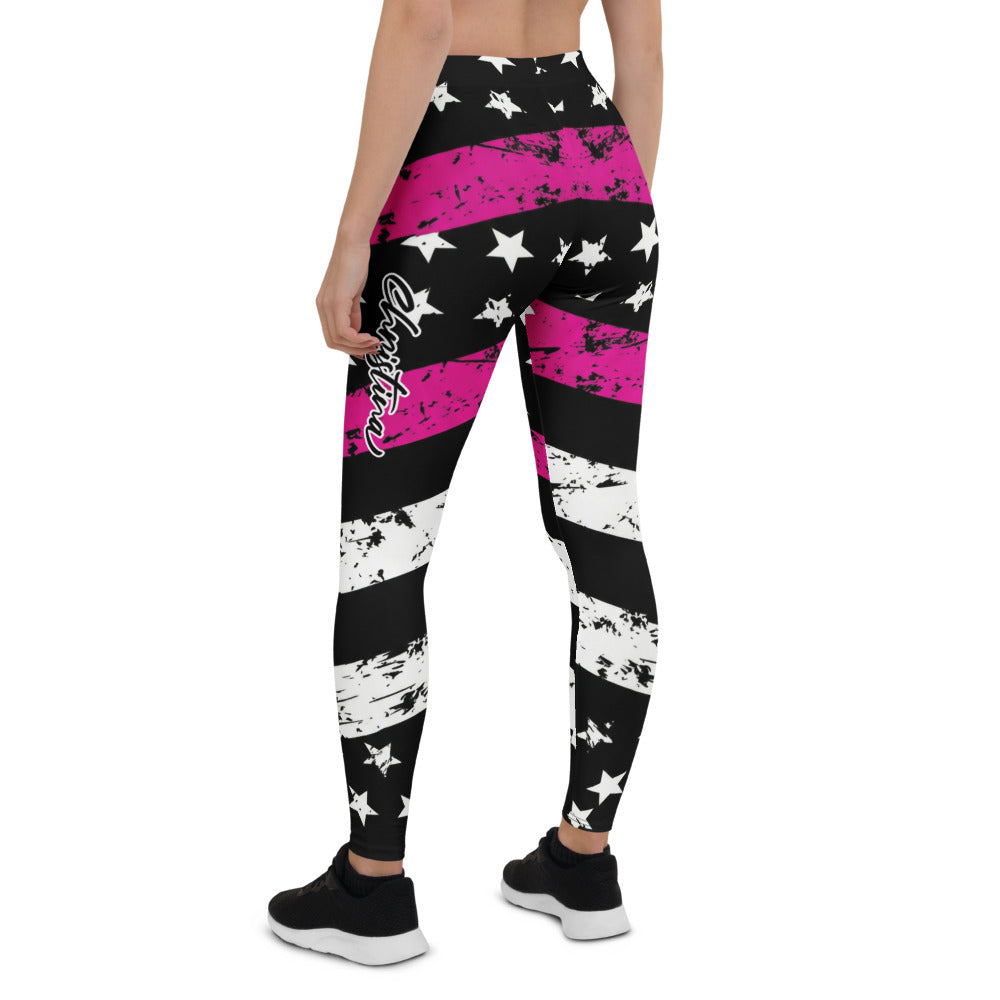 Personalisierte Damen Sportleggings Sterne Streifen Design Schwarz Pink Fitness Yoga Leggings V208