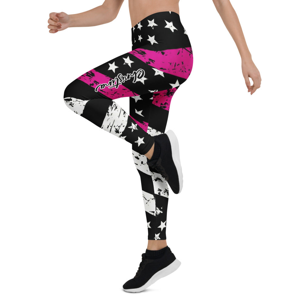 Personalisierte Damen Sportleggings Sterne Streifen Design Schwarz Pink Fitness Yoga Leggings V208