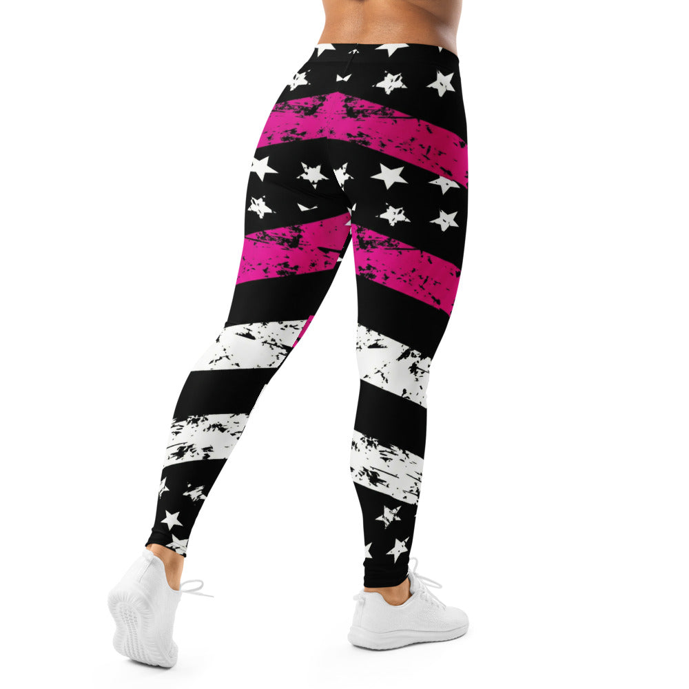 Personalisierte Damen Sportleggings Sterne Streifen Design Schwarz Pink Fitness Yoga Leggings V208