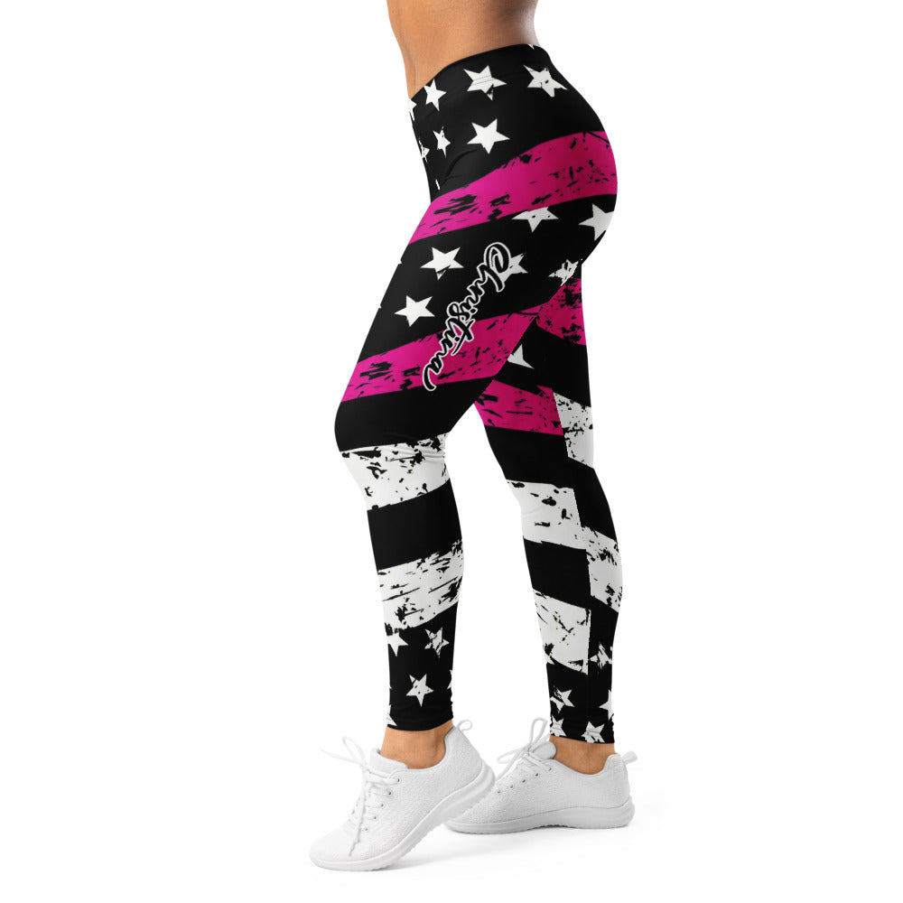 Personalisierte Damen Sportleggings Sterne Streifen Design Schwarz Pink Fitness Yoga Leggings V208