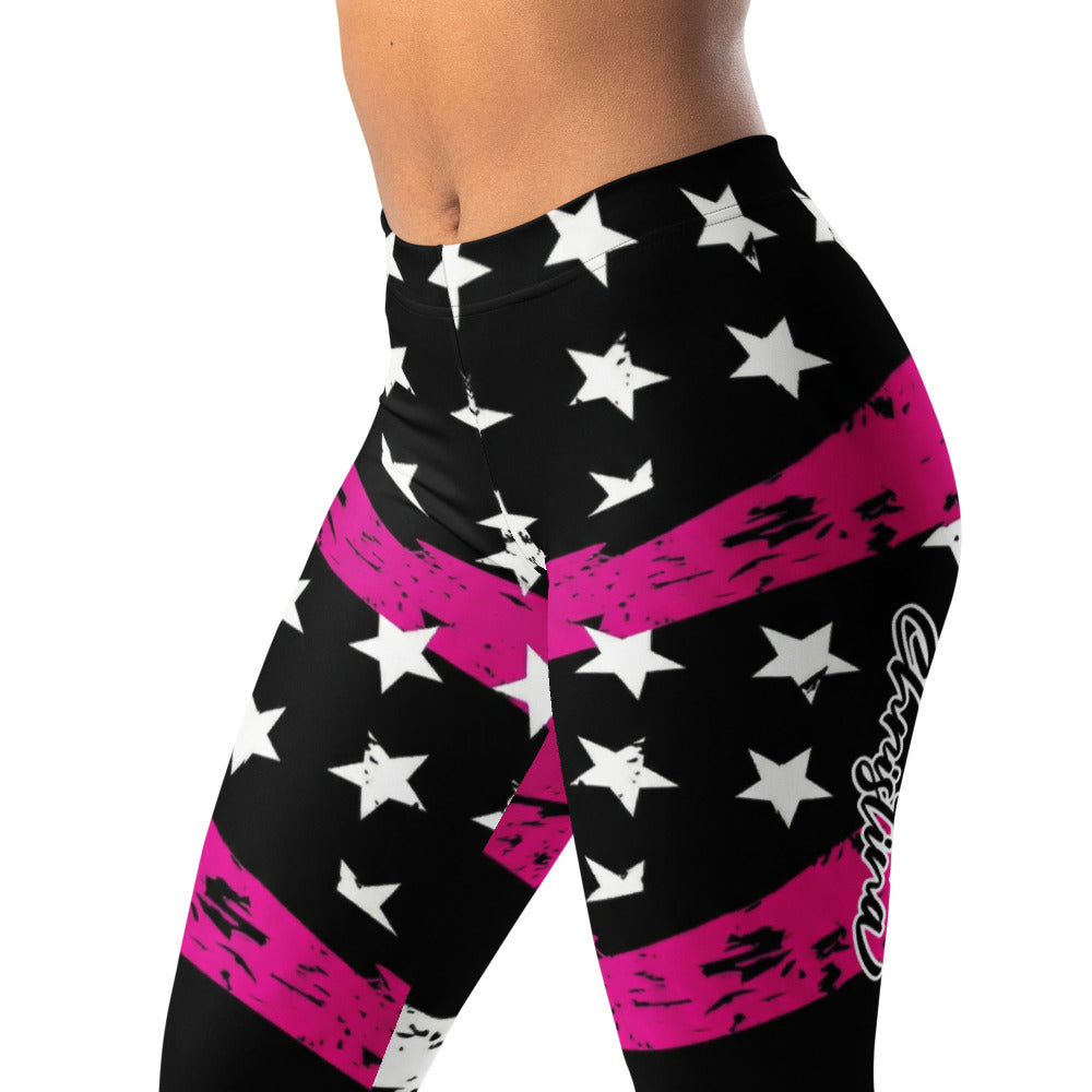 Personalisierte Damen Sportleggings Sterne Streifen Design Schwarz Pink Fitness Yoga Leggings V208