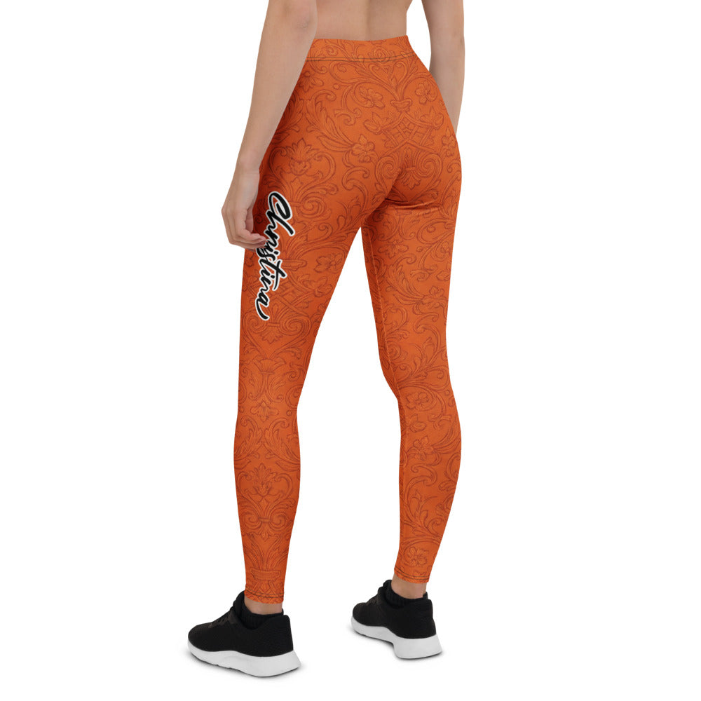 Personalisierte Damen Sportleggings Barock Ornament Muster Terrakotta Orange Fitness Yoga Leggings G992