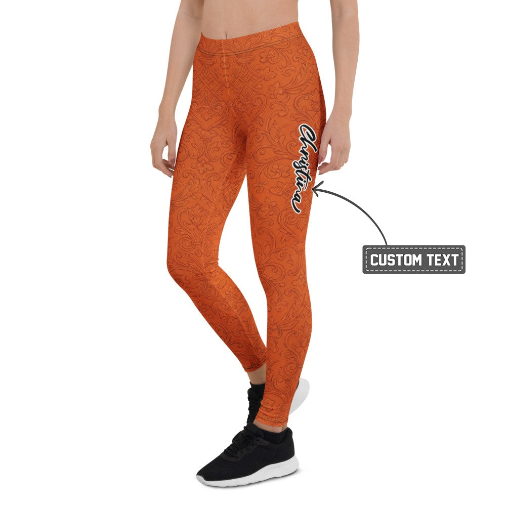 Personalisierte Damen Sportleggings Barock Ornament Muster Terrakotta Orange Fitness Yoga Leggings G992 - XL