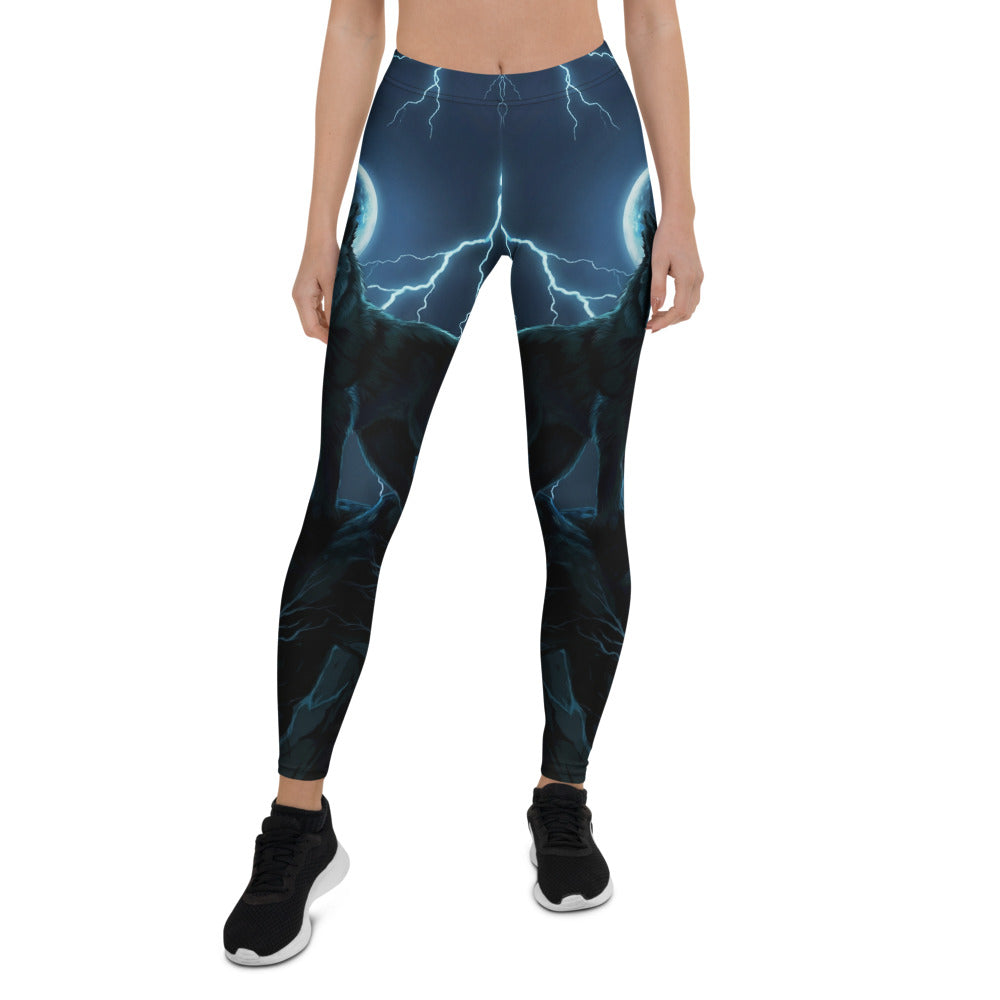 Personalisierte Damen Sportleggings Wolf Design Mond & Blitze Dunkelblau Fitness Leggings A088