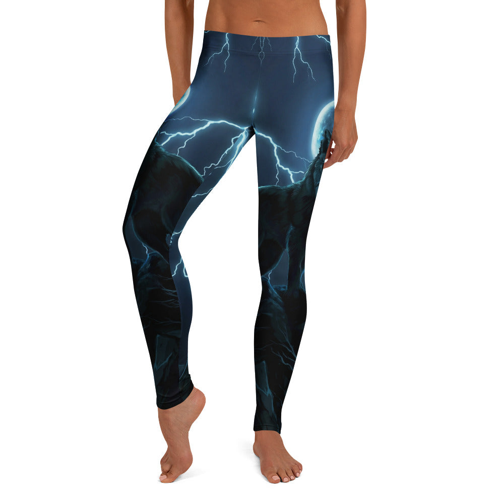 Personalisierte Damen Sportleggings Wolf Design Mond & Blitze Dunkelblau Fitness Leggings A088
