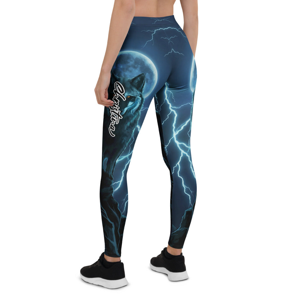 Personalisierte Damen Sportleggings Wolf Design Mond & Blitze Dunkelblau Fitness Leggings A088