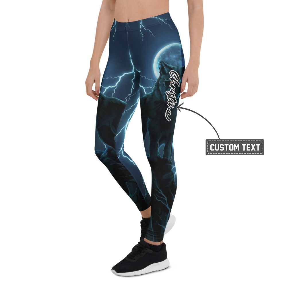 Personalisierte Damen Sportleggings Wolf Design Mond & Blitze Dunkelblau Fitness Leggings A088 - XL