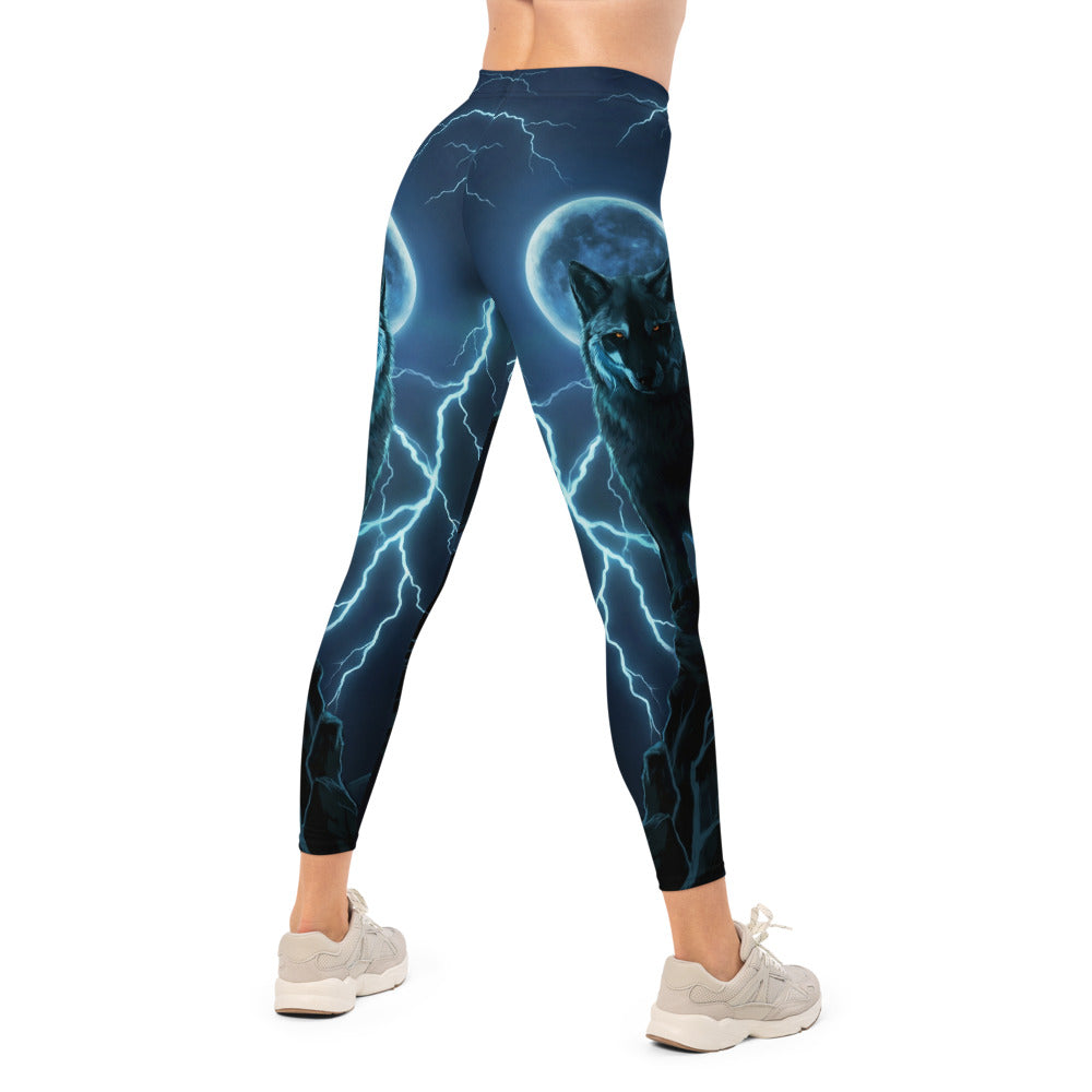 Personalisierte Damen Sportleggings Wolf Design Mond & Blitze Dunkelblau Fitness Leggings A088
