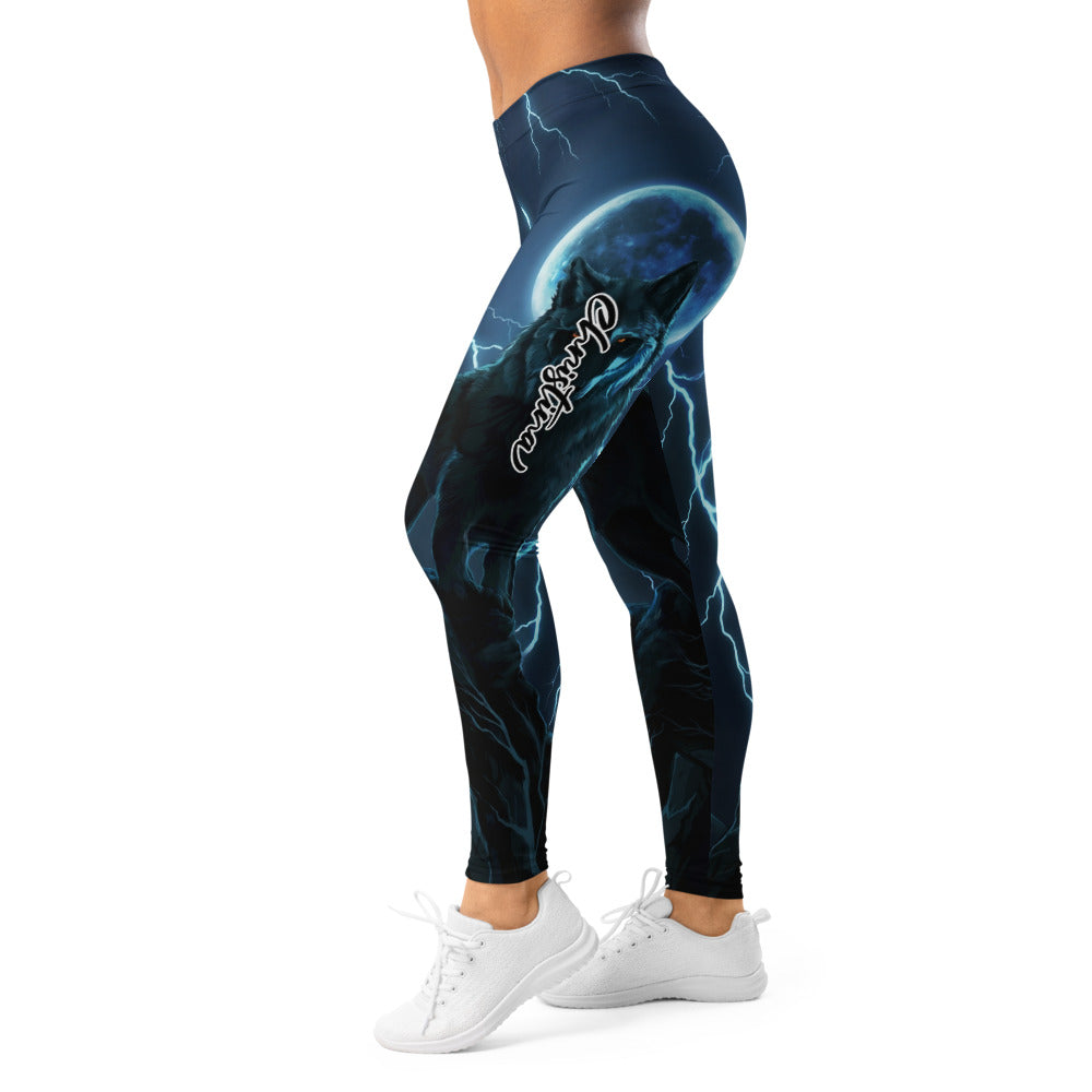 Personalisierte Damen Sportleggings Wolf Design Mond & Blitze Dunkelblau Fitness Leggings A088