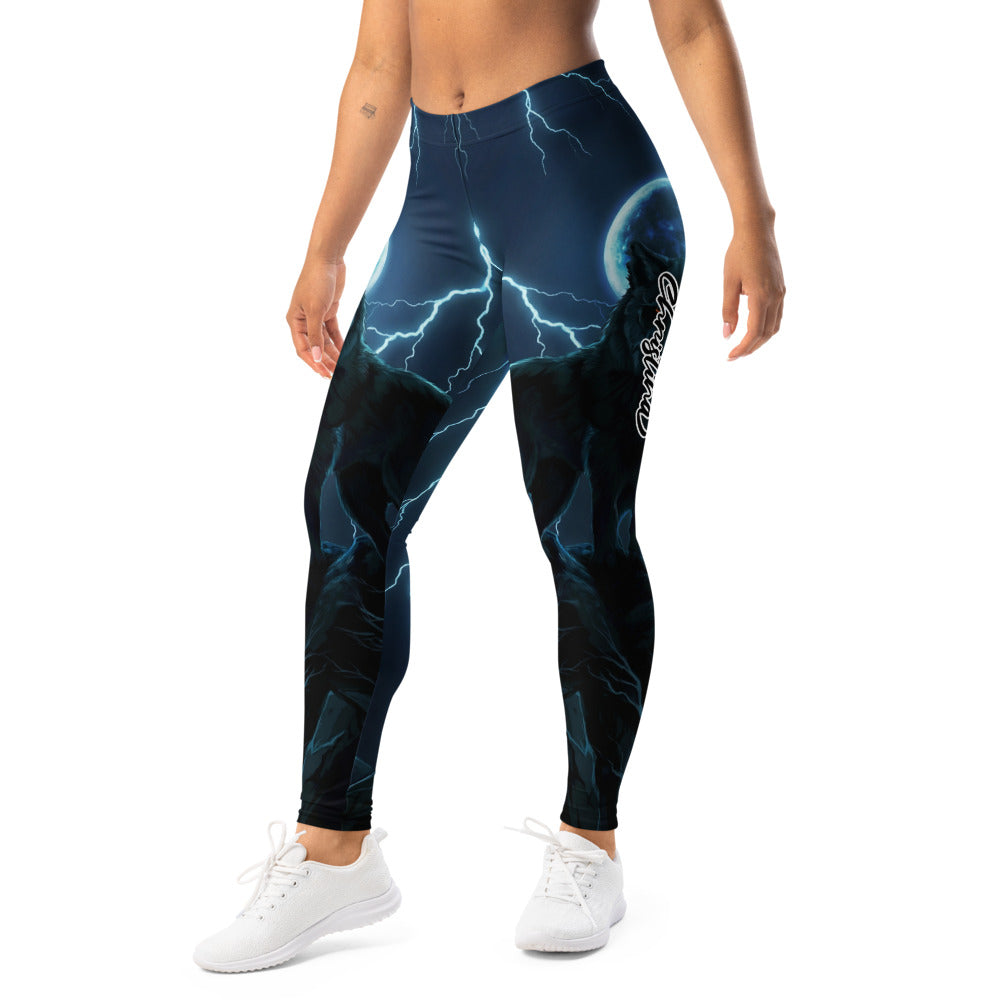 Personalisierte Damen Sportleggings Wolf Design Mond & Blitze Dunkelblau Fitness Leggings A088