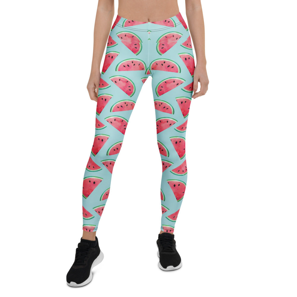 Personalisierte Damen Sportleggings Wassermelone Muster Hellblau Fitness Yoga Leggings B688